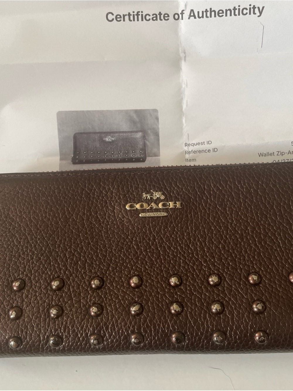 Coach Brown Pebbled Leather Studded Zip Wallet